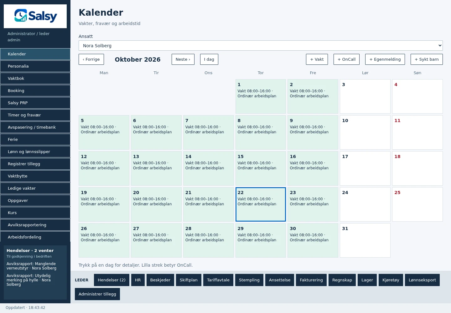 Salsys kalender med en arbeidsplan og meny for bedriftens moduler