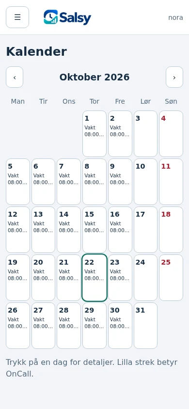 Den ansattes kalender i Salsy mobilnettklient